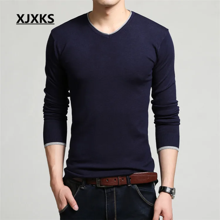 XJXKS Новинка весенне-осенний мужской свитер с v-образным вырезом брендовый вязаный свитер для отдыха большого размера M-4XL мужской джемпер 6 цветов - Цвет: Navy blue