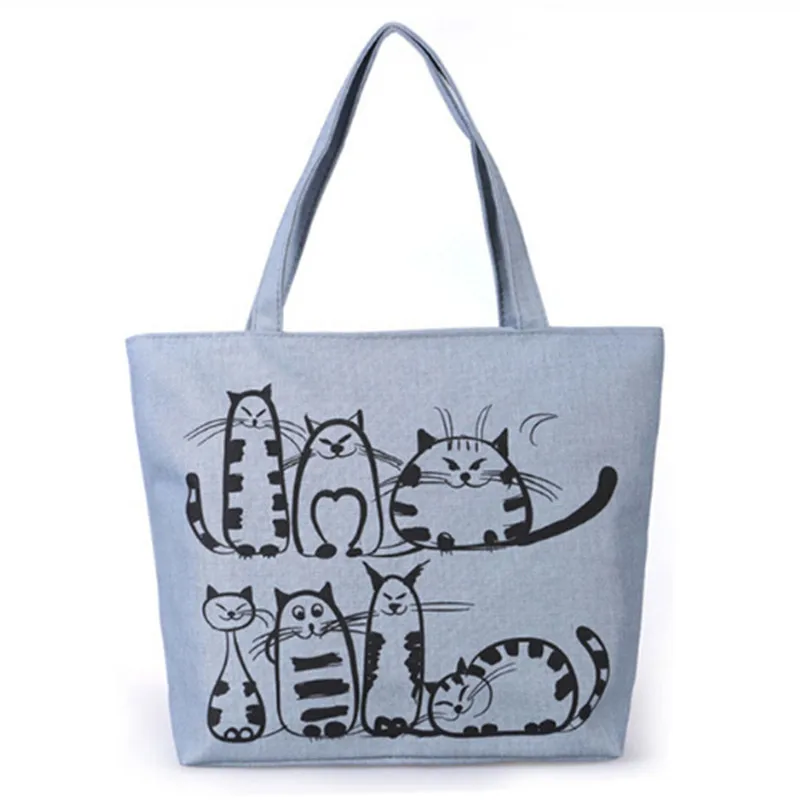 Женская Холщовая Сумка для покупок с рисунком кота, напечатанная сумка на плечо, Женская Большая вместительная пляжная сумка, Холщовая Сумка для покупок