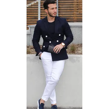 

2017 new Navy Blue Double Breasted Men Suit wedding Blazer costume homme Tuxedo Custom Jacket Style mens Suits smoking masculino