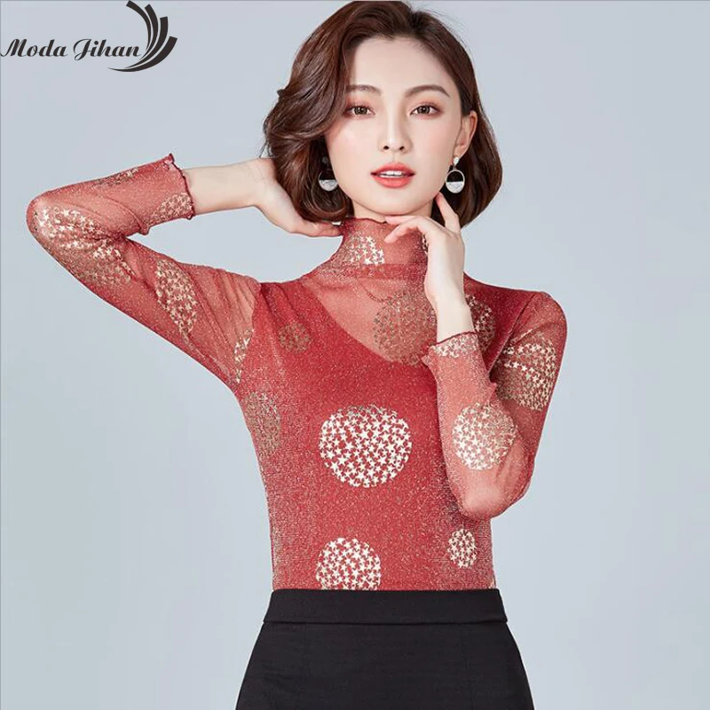 Moda Jihan, женские рубашки, блестящая сетка, кружева, звезды, длинные рукава, Топы И Футболки с внутренней одеждой, тянущаяся рубашка, оборки, обрезка, Топ