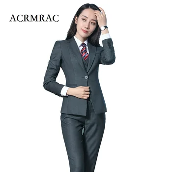 

ACRMRAC 2018 New Women Long sleeves Solid color Slim jacket pants shirt set Business Single Button OL Formal Pant Suits