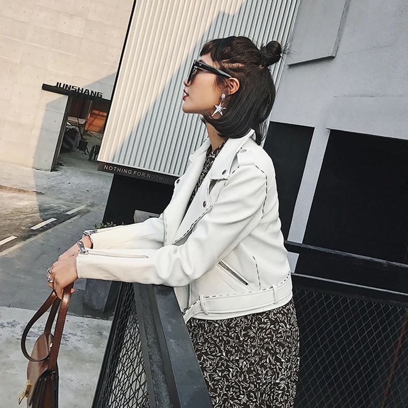 White Leather Jacket 2017 Autumn Winter Women Street Fashion Zipper Pockets Slim Short PU Faux Basic Coat Outwear Chaqueta Mujer