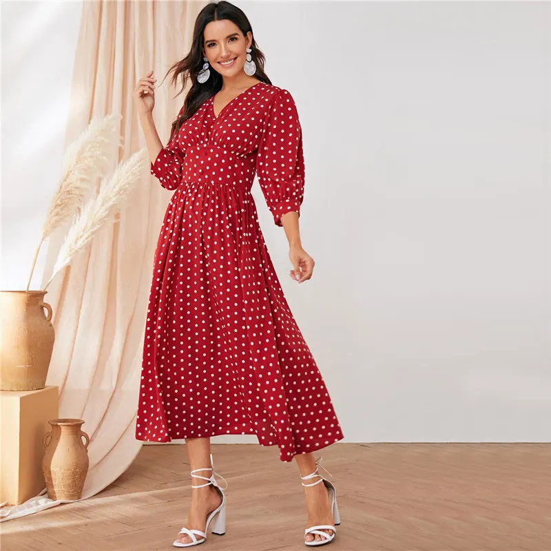 SHEIN Burgundy Polka Dot Wide Waistband Button Detail Maxi Dress Women Elegant V Neck Bishop Sleeve Long Dress Party Dresses