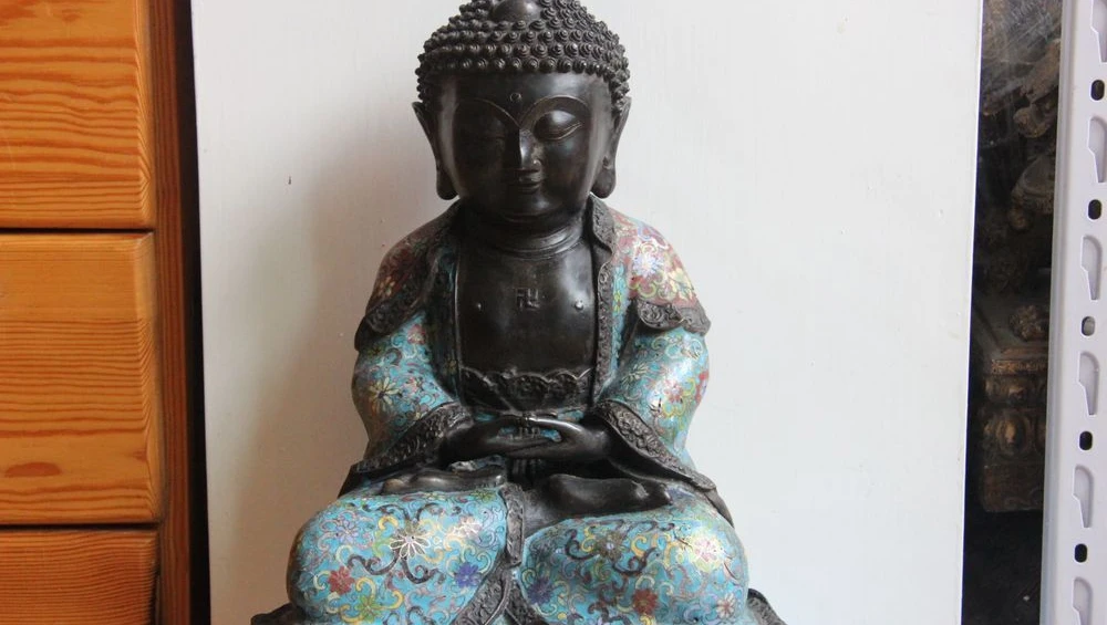 

Tibet Old buddhism bronze Cloisonne Enamel sakyamuni Shakyamuni buddha statue