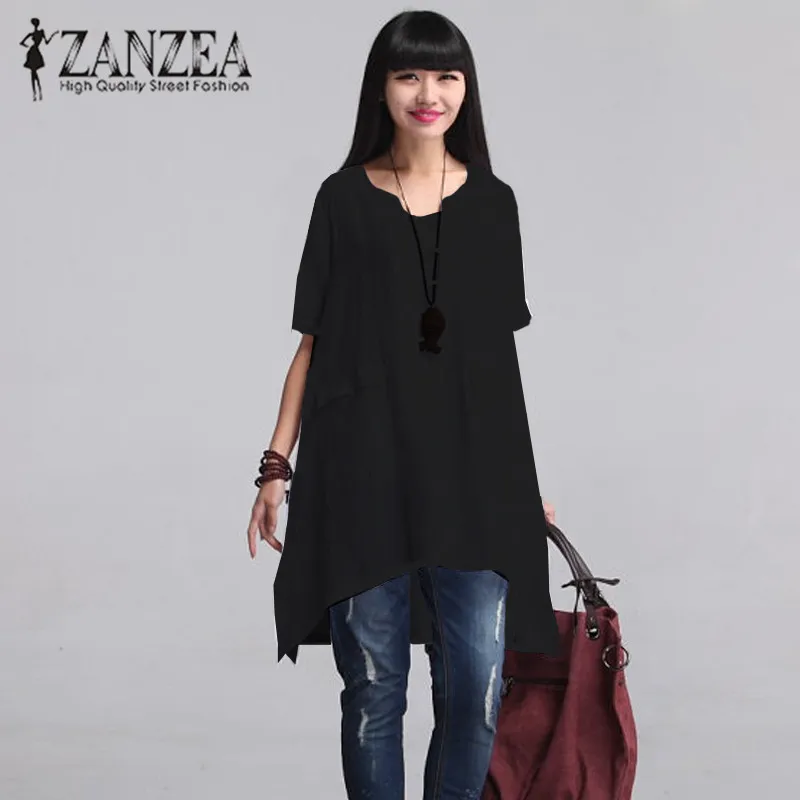 Redondo Mujeres Breve Camisa Más Lino Tamaño Manga Blusa Algodón Vintage Suelta Cuello Tops blanco 2018 Negro Sólido Dobladillo Irregular Corta Zanzea Verano wIp5qnO