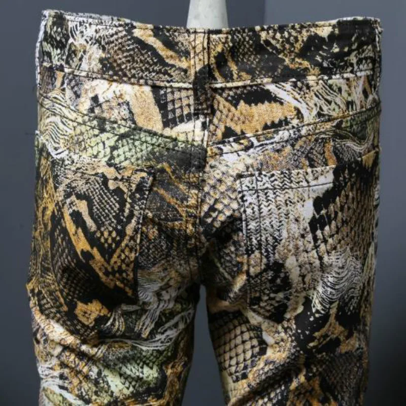 Новые модные мужские джинсы с принтом в виде серпантина, мужские цветные брюки с рисунком, брюки с цветочным принтом, мужские обтягивающие джинсы, классические джинсы со змеиным рисунком