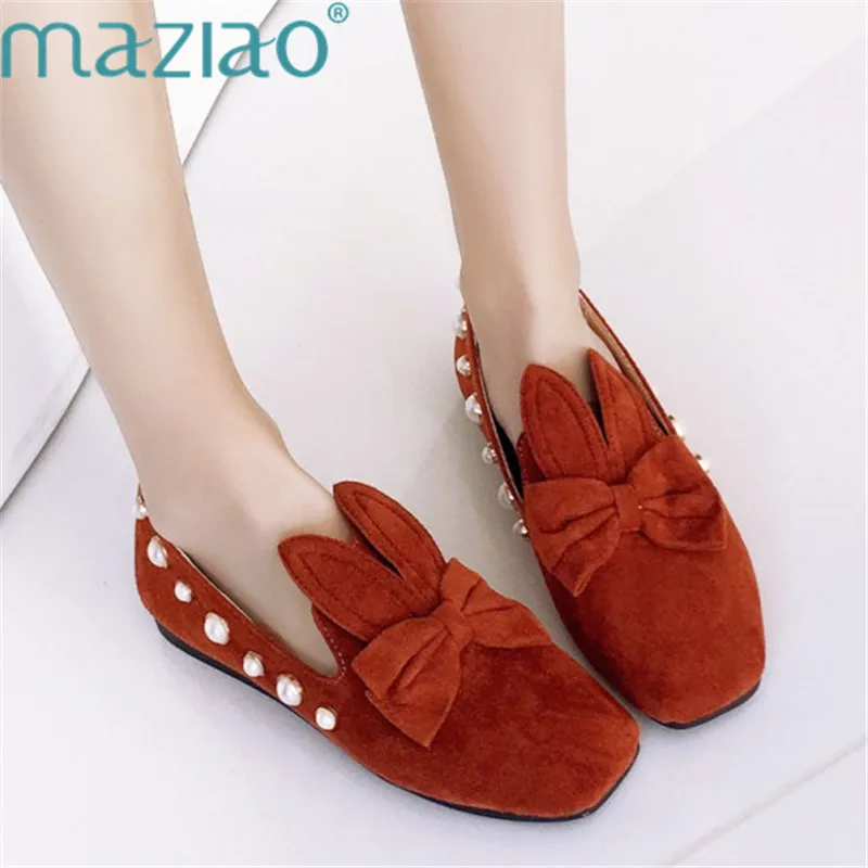 

Butterfly-knot Pearls Ballet Flats Women Square Toe Dress Flat Rabbit Ears Temperament Shallow Mouth Shoes MAZIAO