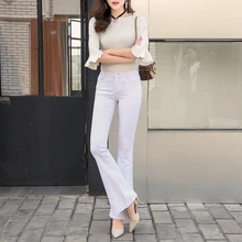 Европейский Стиль Для женщин обтягивающие джинсы белые эластичного денима Высокая Талия расклешенные брюки Мода Карманные женские джинсы Размеры S-2XL