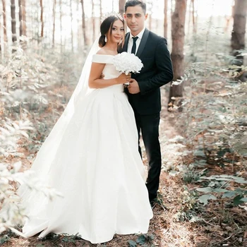 

Elegant Satin A Line Wedding Dresses 2019 Off The Shoulder Formal Bridal Gowns Sexy V Neck Vestido De Noiva Free Shipping