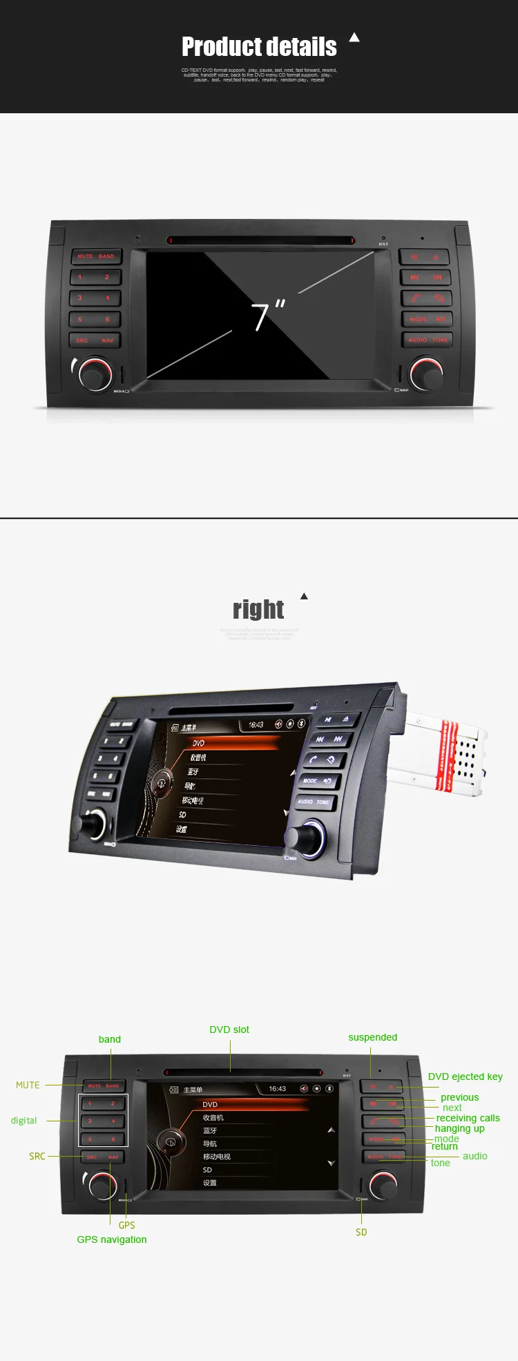 Top Eunavi single 1 Din 7" Car DVD Player car radio GPS navigation For BMW E53 X5 E39 With Canbus steering wheel control Bluetooth 9