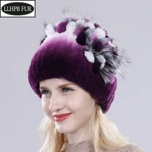 Для женщин из меха кролика меховая шапка зимняя кролика Рекс Меховые шапочки Шапки трикотажные натуральный мех кролика Рекс и отделкой из лисьего меха Кепки
