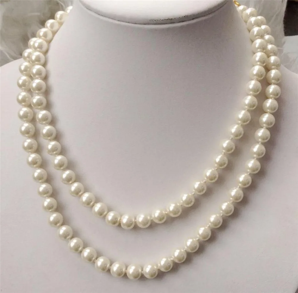

Pretty 8mm white natural South Sea Shell Pearl round necklace 33" AAA@^Noble style Natural Fine jewe FREE SHIPPING
