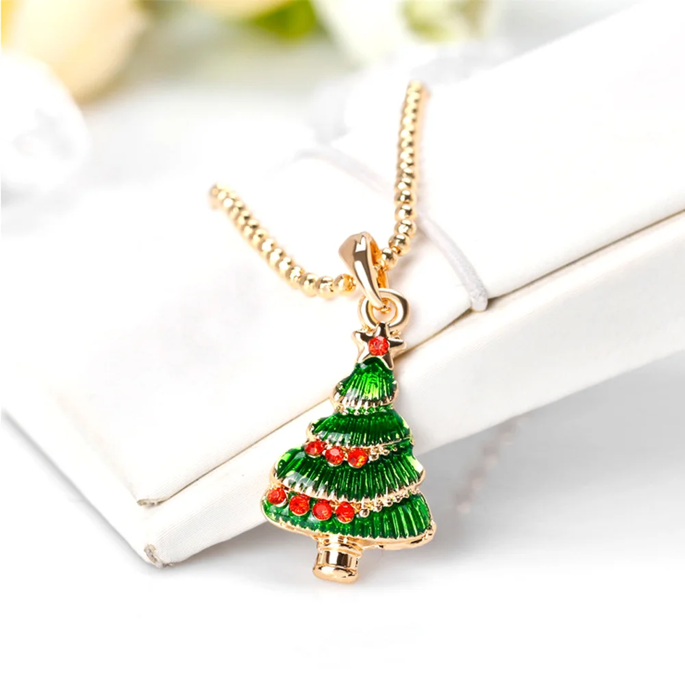 Women Fashion Designer Gold Filled Pendant Necklace Metal With Stone Green Enamel Christmas Tree Crystal Necklace Wholesale (6)