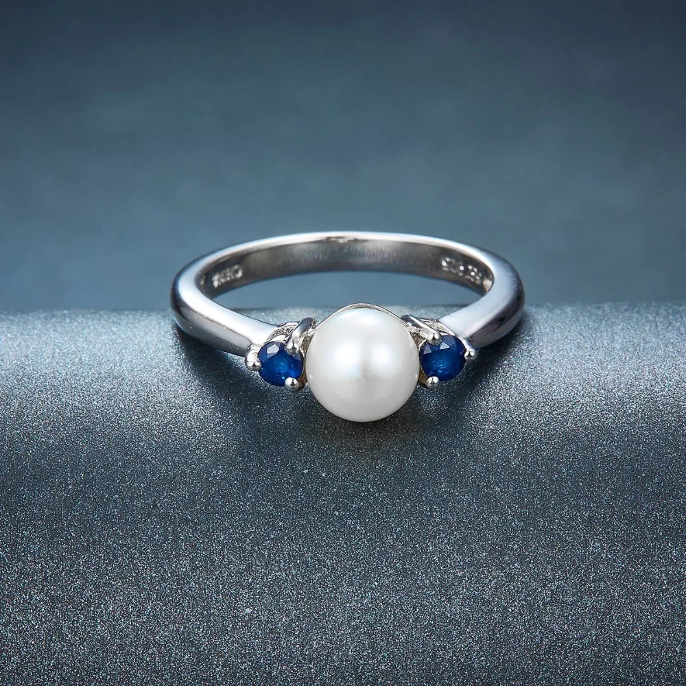 Lohaspie Solid 925 Sterling Silver 100% Natural Freshwater Pearl & Blue Sapphire Wedding Ring For Women's Fine Gemstone Jewelry