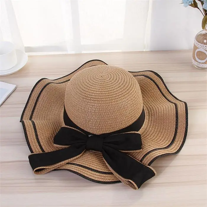 Новая мода Панама шляпа большой волнистый край летняя бейсболка соломенные шляпы женская летняя шляпа от солнца бант-узел ленты складной - Цвет: Khaki