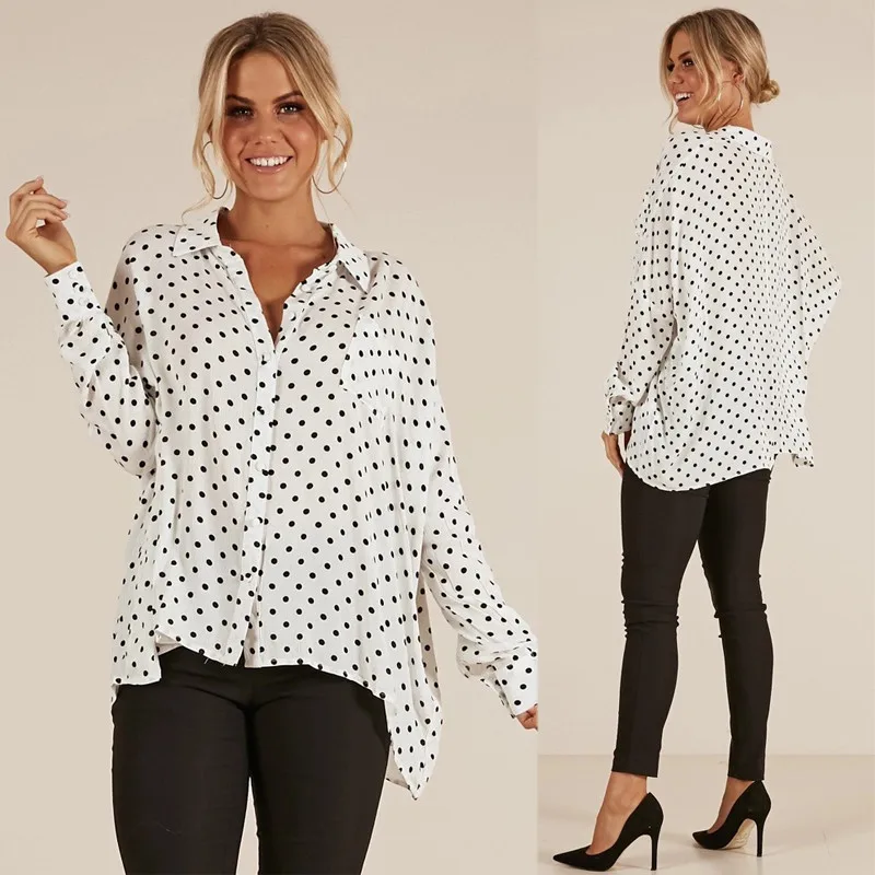 yinlinhe White Polka Dot Blouse Women Long Sleeve Button Casual Loose Summer Shirts Irregular Elegant Ladies Clothes  2