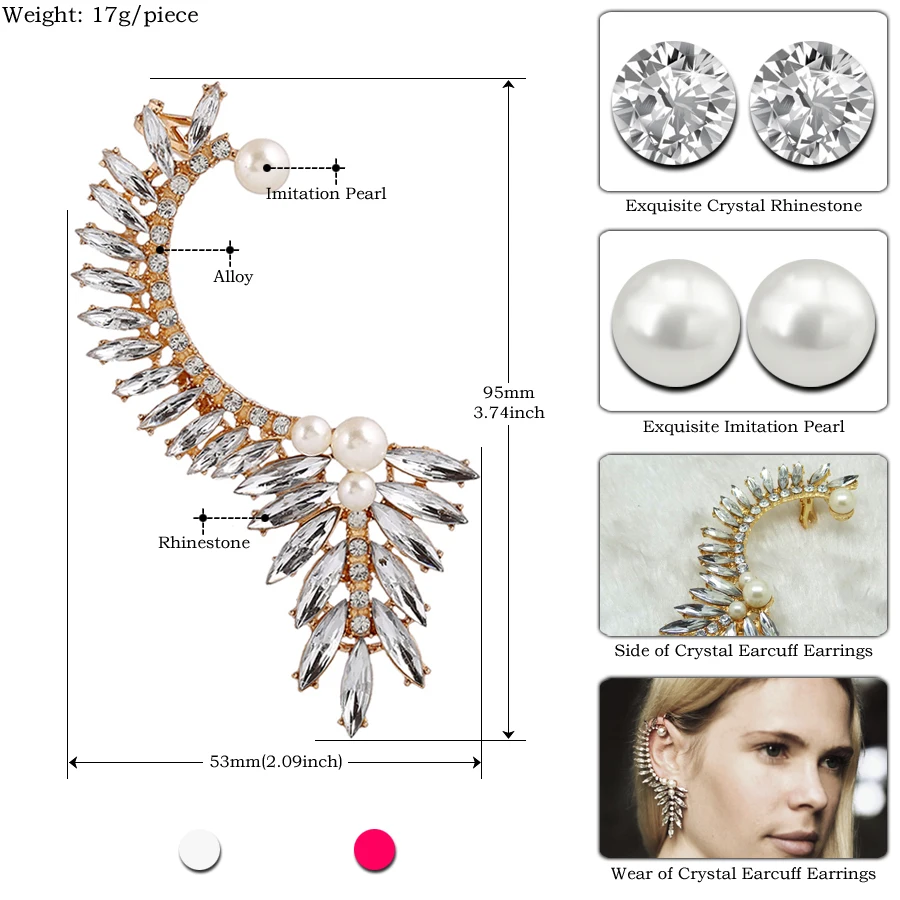 Хрустальные жемчужные серьги-каффы для ушей, большие серьги для женщин, аксессуары, модная гипербола, 1 шт., правильные Стразы Ушная клипса, ювелирные изделия
