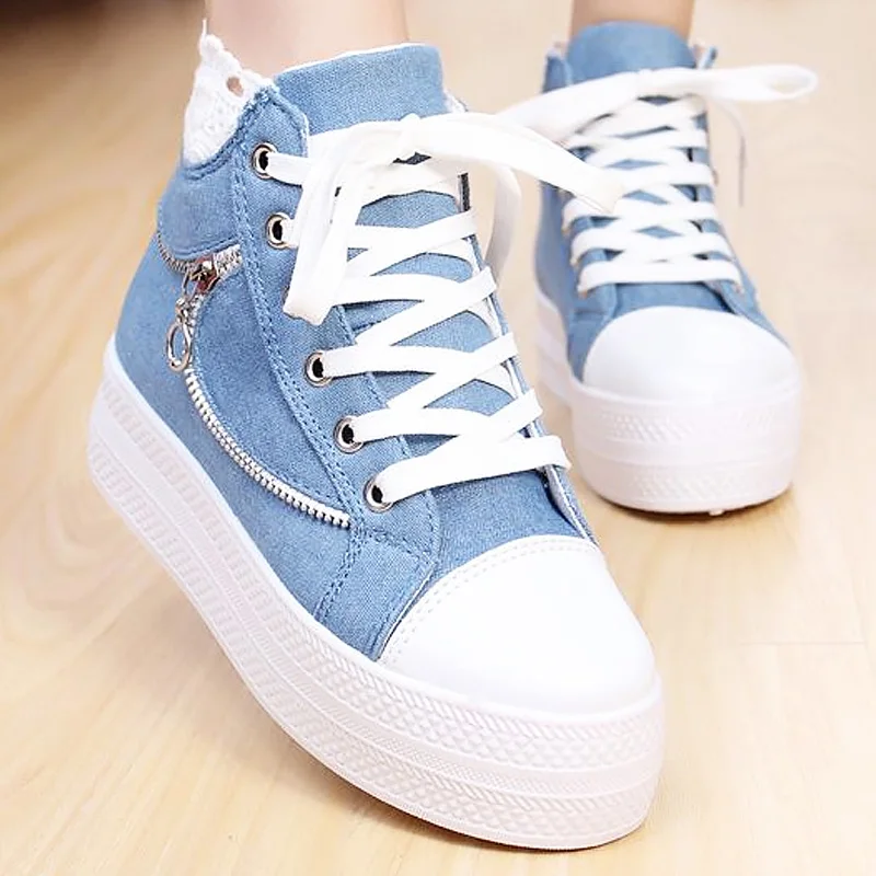 High top denim fashion women shoes increasing lace up zipper shoes ...