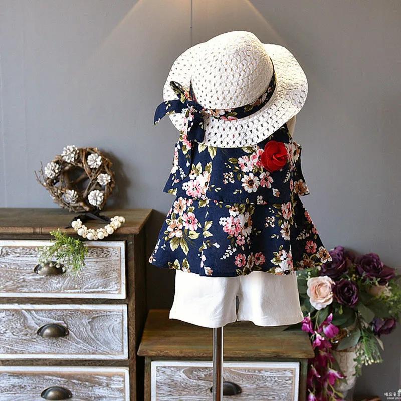 

Girls fashion 3pcs children clothing set sleeveless print shirt white shorts with sunhat summer kids clothing sets girls