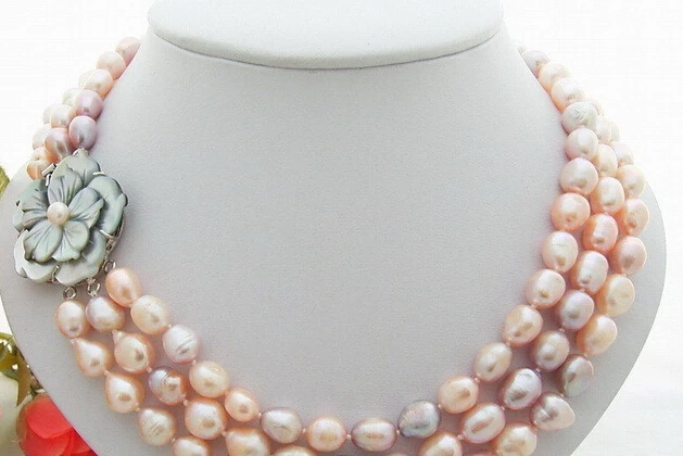 

HOT## Wholesale >>>N0804037 3Strds Multi Color Baroque Pearl Necklace-Cameo Clasp