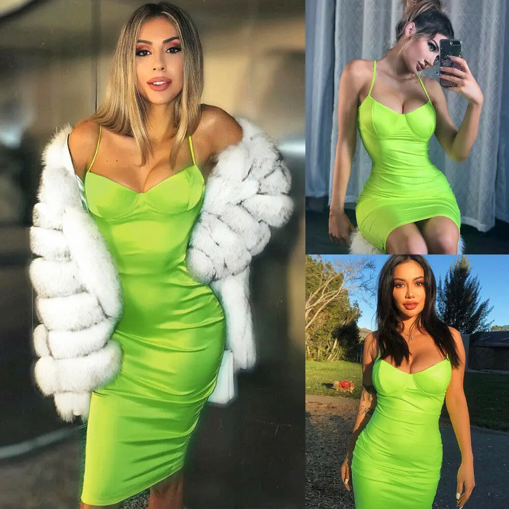 Hirigin для женщин пикантные флуоресцентные Твердые Strappy Bodycon Карандаш Летнее платье Тонкий ночные рубашки с ремешками ночную рубашку