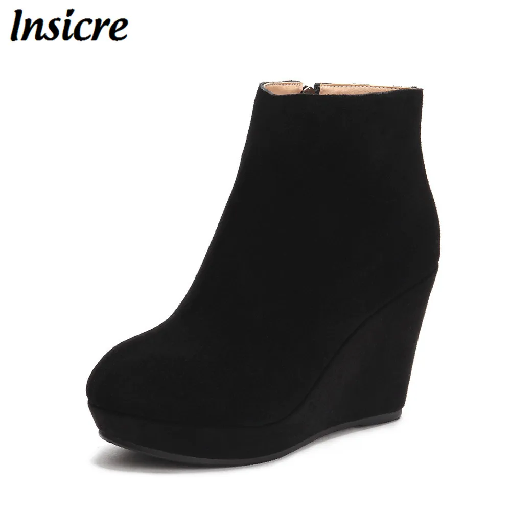 

Insicre Autumn Winter Cow Suede Women Ankle Boots New Stylish Women Wedges Boots Zipper With Black Platform high heel 9 cm