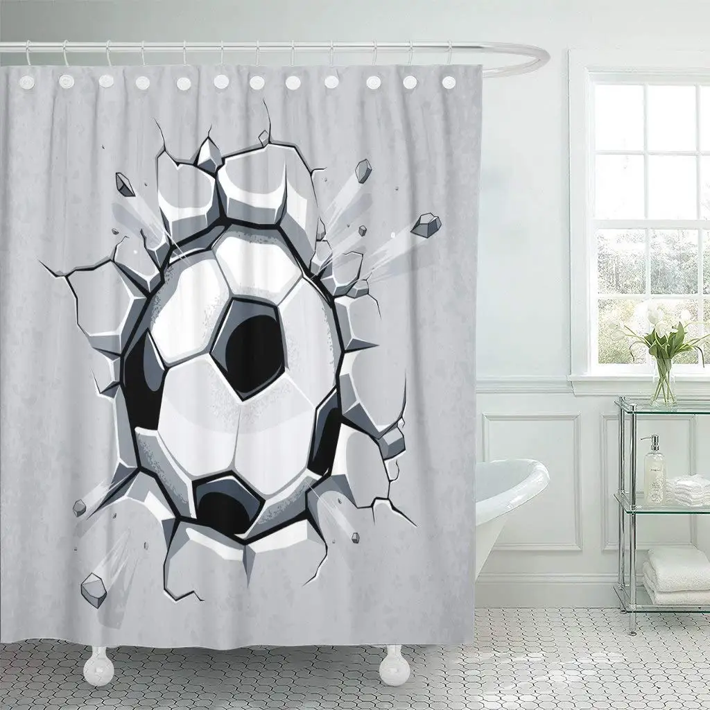 

Shower Curtain with Hooks Crack Soccer Ball Breaking The Wall Graffiti Football Smash Graphic Break Stone Cartoon Bathroom