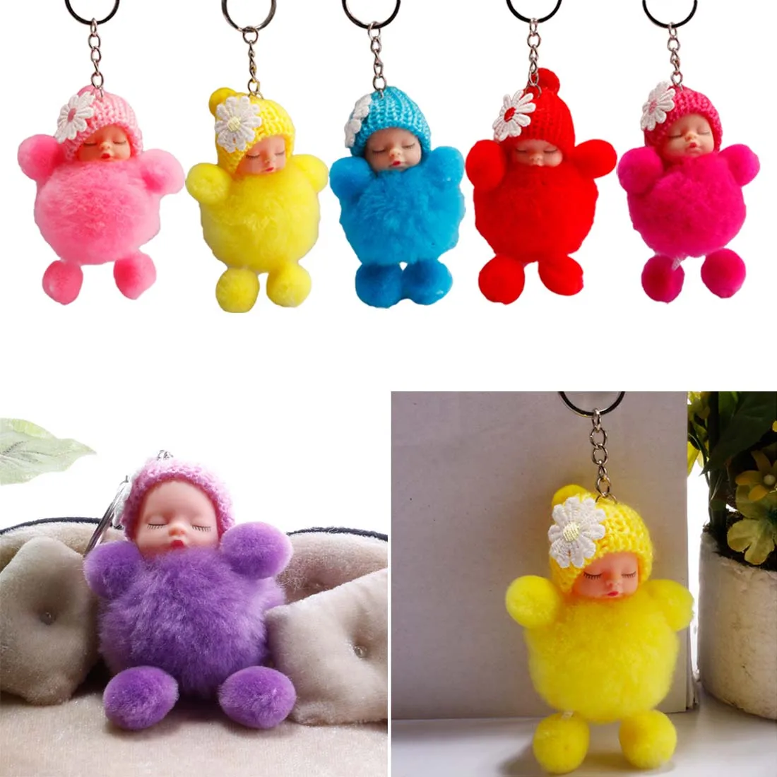 Hot New Cute baby hair ball keychain Sleeping Baby Doll Ball Car