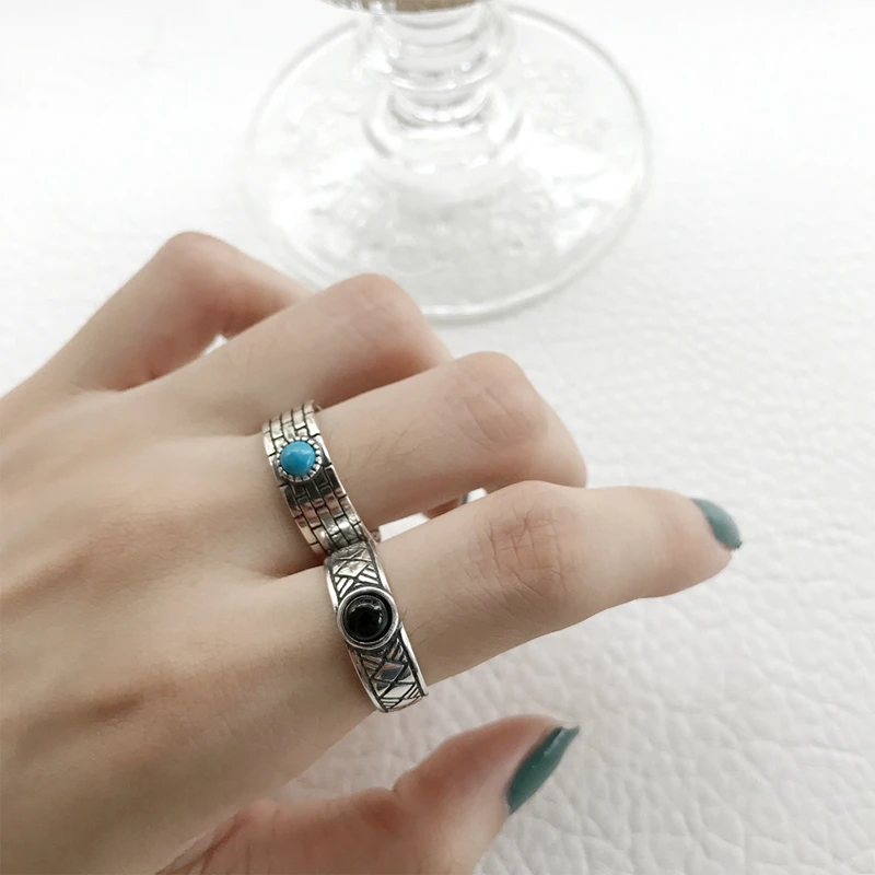 

Vintage Adjustable Ring 925 Sterling Silver Round Pine Stone Black Onyx Female Ring Open Big Wide Ring For Women Fashion Jewelry