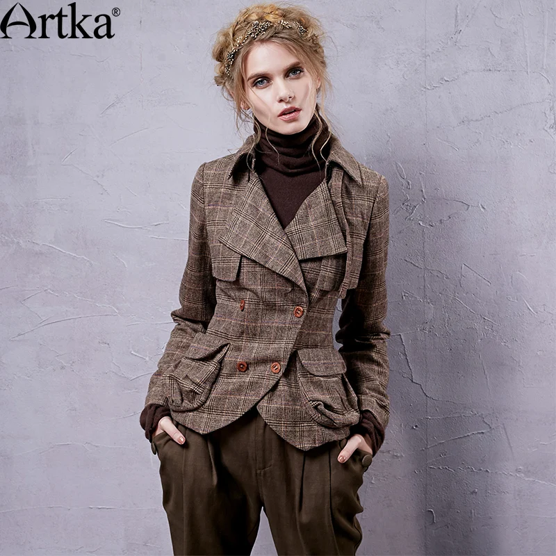 

ARTKA Autumn Women's Jacket 2018 Double Breasted Short Jacket For Women Knight Vintage Coat Plaid Slim Female Jacket WA10025Q