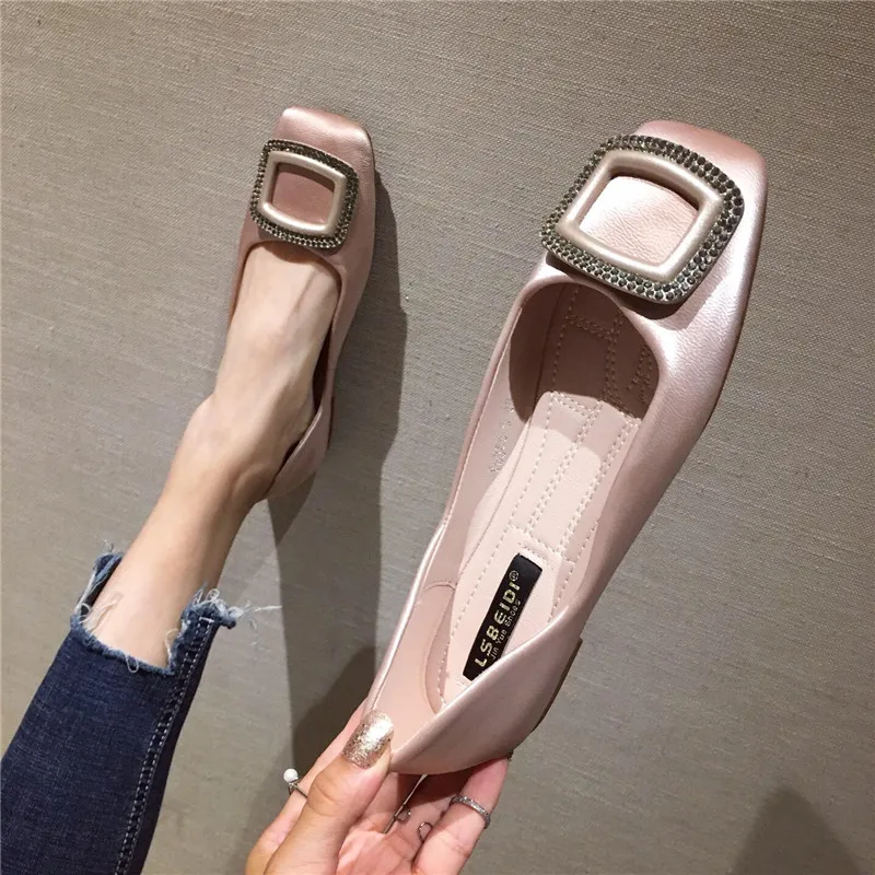 luxury designer square crystal buckle ballet flats women square toe shiny leather flat shoes woman loafers sweet pink mules y997 - Цвет: pink