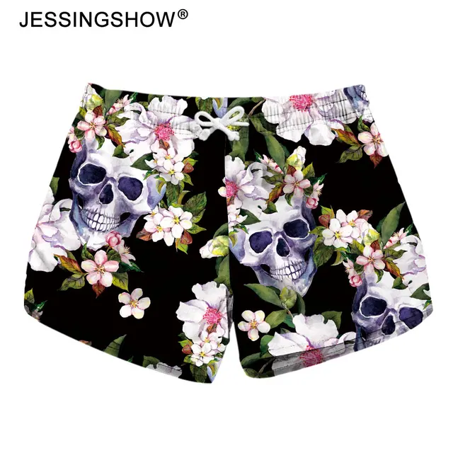 Flowers Skull Printed Women Beach Shorts Drawstring Waist Ringer Shorts 2018 Summer Sports Running Shorts