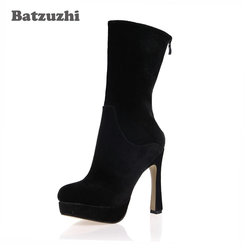 

Batzuzhi-Personality Fashion Winter Women Boots Black Suede Leather Boots Mid-calf 13cm Heels 3cm Platform High Heel Size 35-43