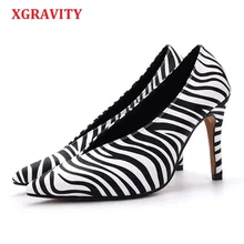 XGRAVITY в европейском и американском стиле Новые черный, Белый Цвет шкуры зебры женские модные тонкий каблук обувь V дизайн вечерние Дамская обувь с острым носком A265