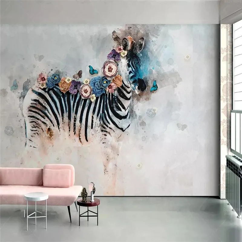 

Hand painted watercolor zebra flower wall professional production mural wholesale wallpaper mural poster photo wall