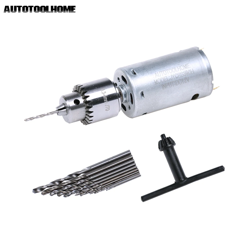 

AUTOTOOLHOME Electric 12V Motor Small PCB Hand Drill Press Drilling Compact Set 10PC 0.5-3mm Twist Bits with 0.3-4mm JTO Chucks