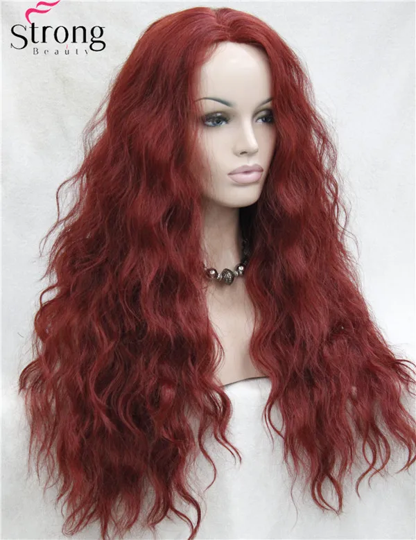 HHG-9211 350E High Quality Heat Resistant Dark Red Wavy Lace Front Long Wig (2)