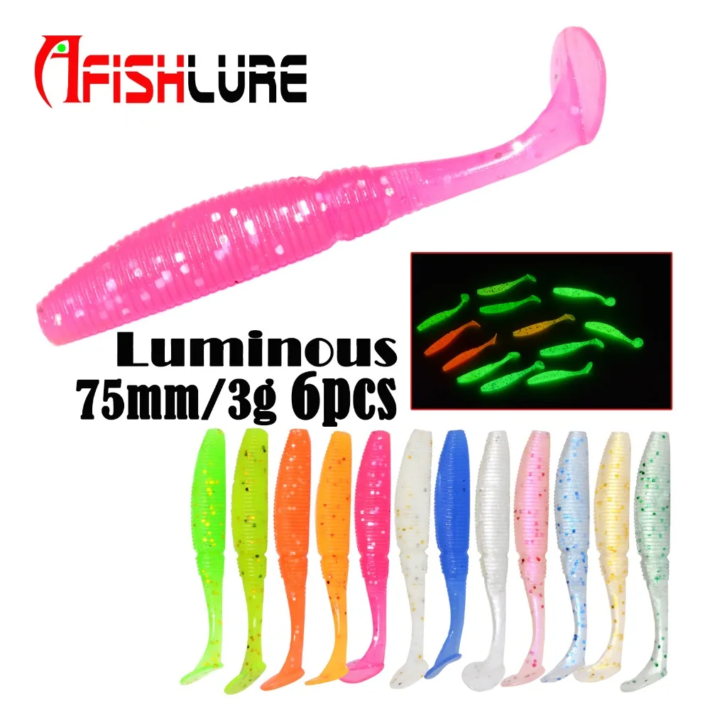 Image 6pcs lot Glow T Tail Soft Grubs 3g 75mm Luminous soft fishing lure Abdomen open hook Soft bait Swimbaits Jig Head Soft Lure