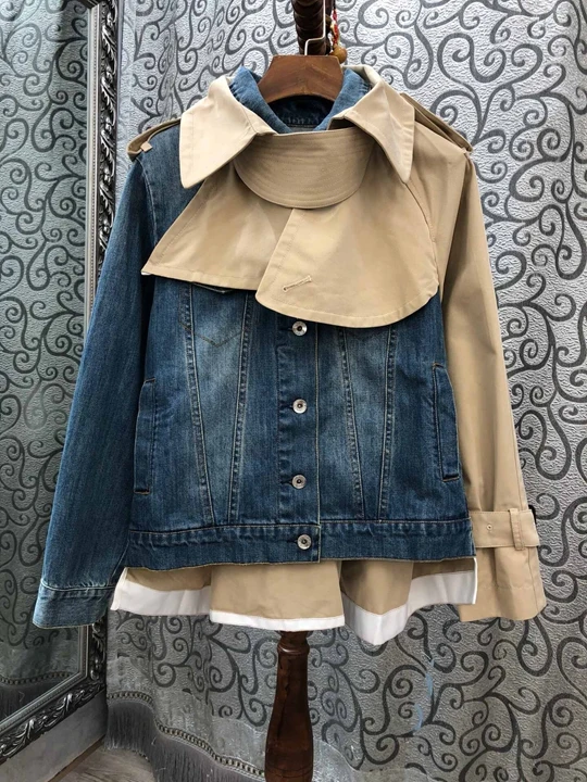

In early autumn of 2019, new women's irregular neckline color matching and stitching Denim Long sleeve short jacket 717