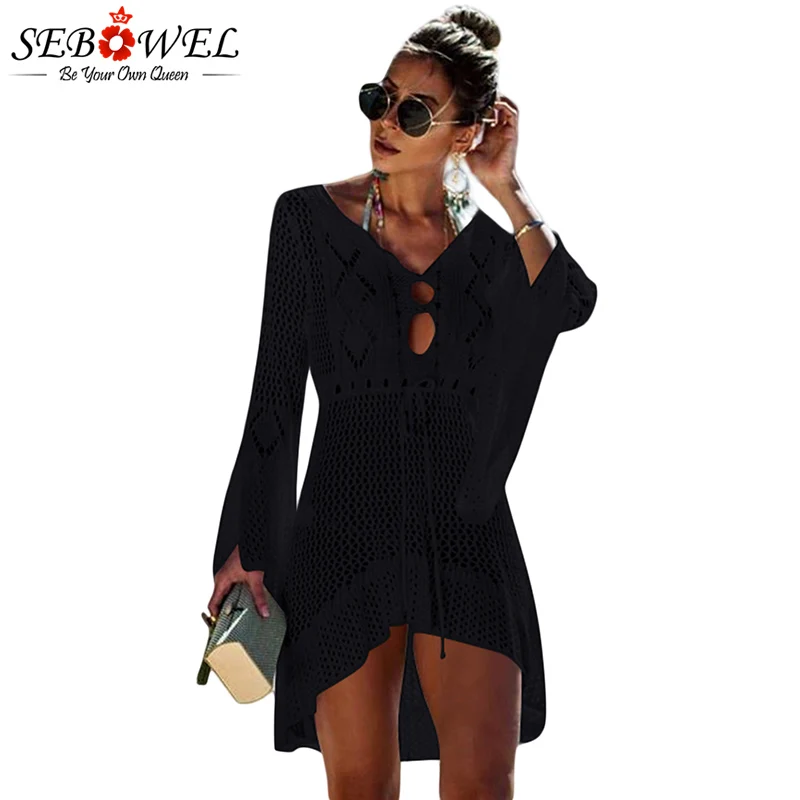 

SEBOWEL Women Black Crochet Knitted Beach Long Sleeve Cover Up Dress Swimwear Women Robe De Plage Openwork One Piece Swimsuit