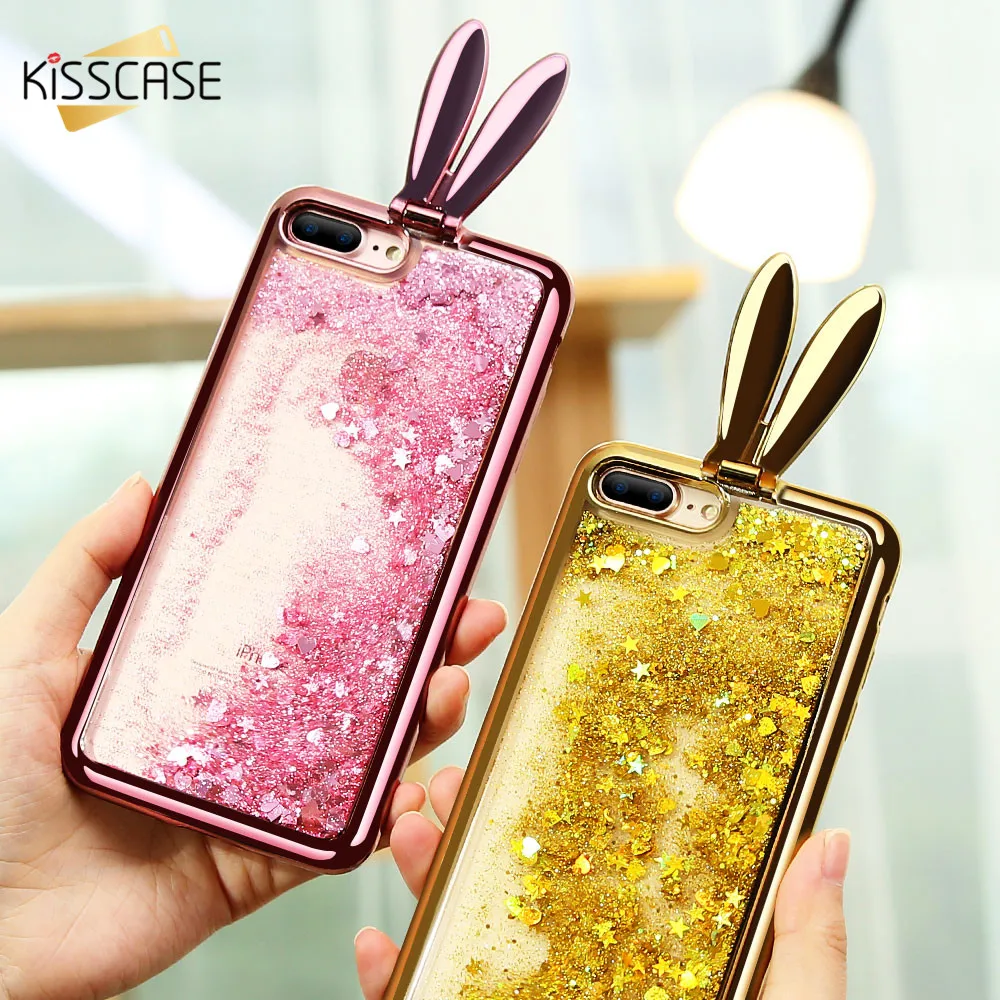 KISSCASE Liquid Rabbit Ears Case For iPhone 6 6S 7 8 Plus Cover Glitter Bling Stars X Cute Phone Stand Fundas |