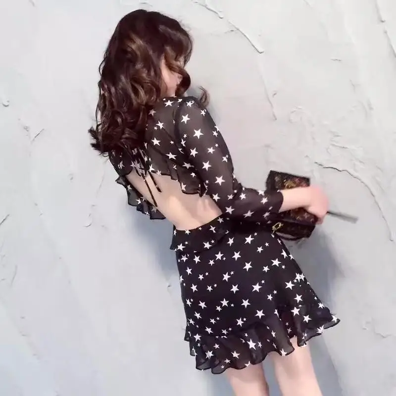 

Woman Backless Sexy Club Dress Chiffon Summer Dresses for Women Star Print Beach Lady Ruffles A-Line Vestidos S M L