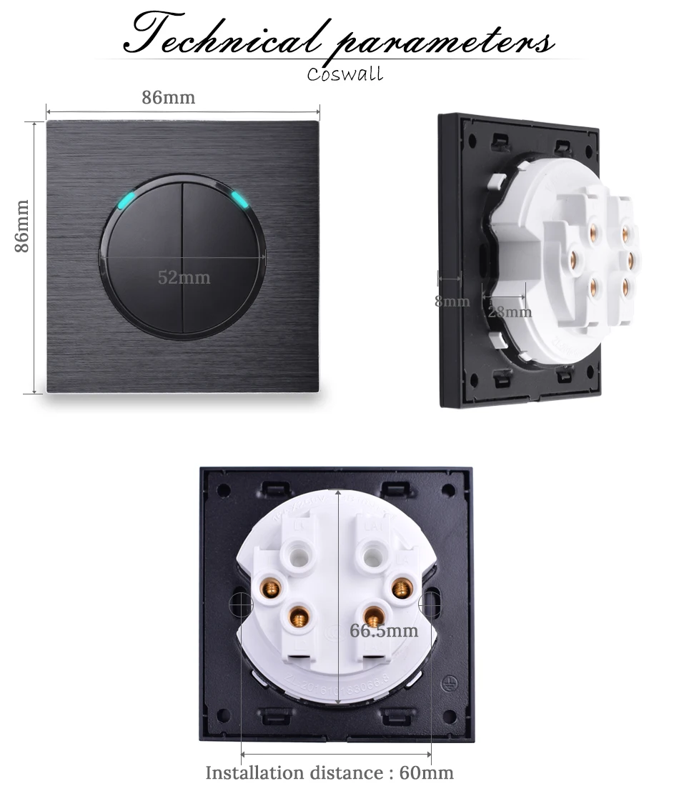 Coswall роскошный 2 банда 1 способ случайный Нажмите Вкл/Выкл настенный выключатель света со светодиодным индикатором черная алюминиевая металлическая панель