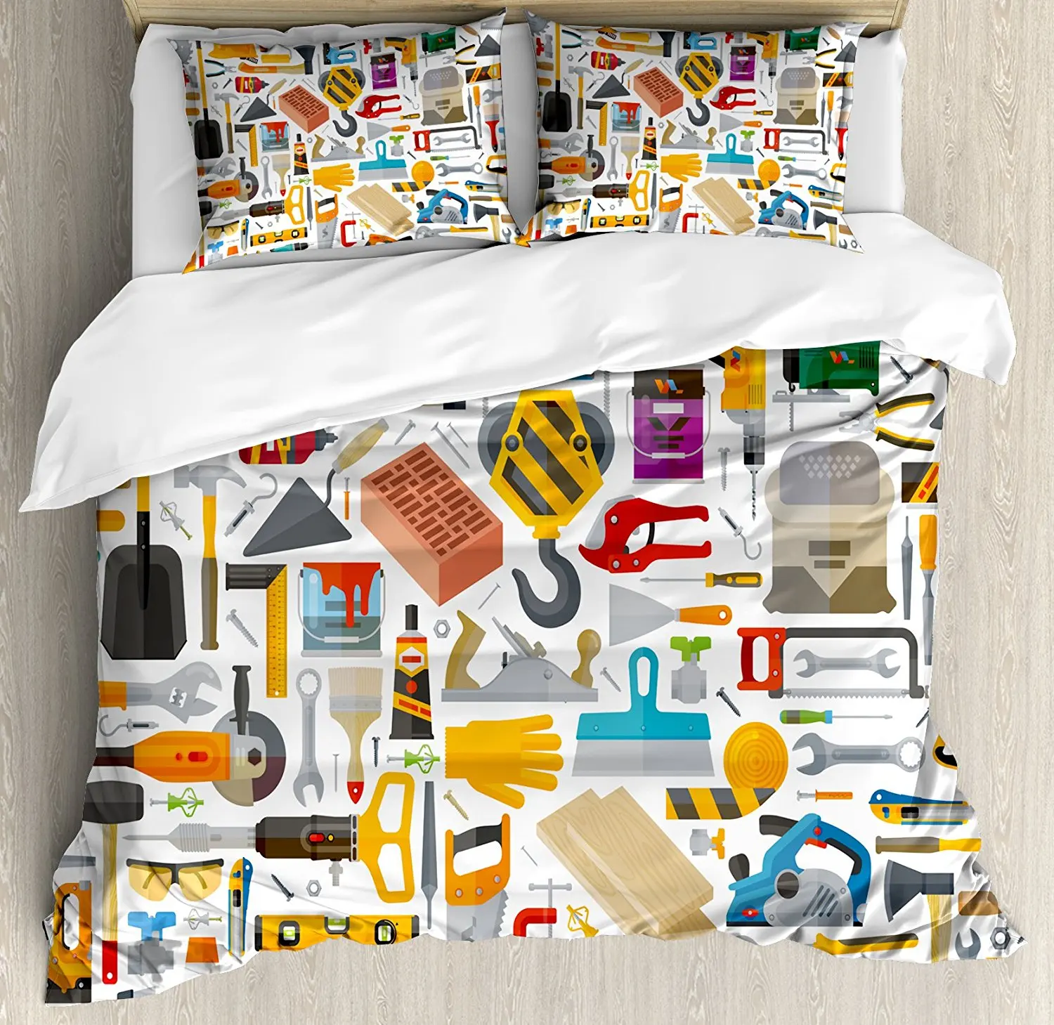 

Construction Duvet Cover Set Construction Tools in Cartoon Style Engineering Fixing Repairing Building Decor 4pcs Bedding Set