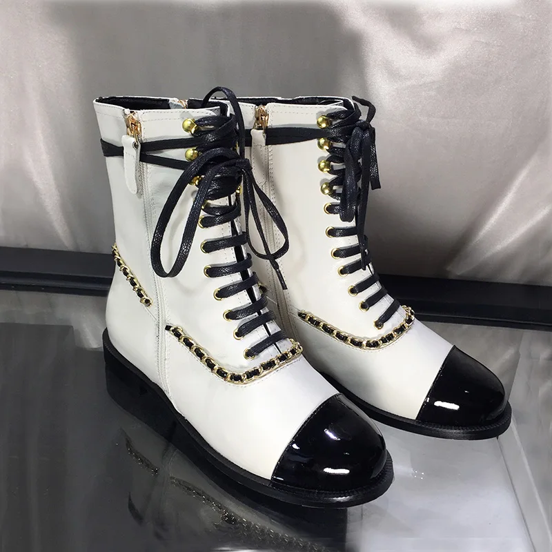 

Hot Mid-Calf Boots Black White Mixed Color Short Booties Gold Chain Woman Boots Side Zipper Woman Shoes Front Lace Up Chic Shoes