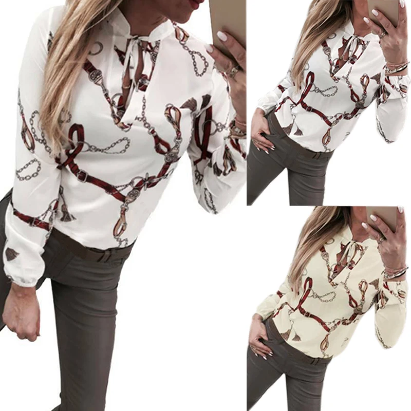 Women Sexy Blouse Summer Long Sleeve O-Neck Lace-up Shirt Woman Casual Slim OL Work Blouse Tops Ladies Clothes Camisas Mujer