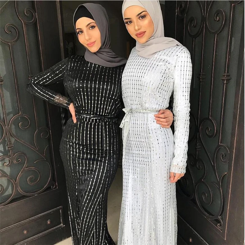 

2019 Designer fashion sequins muslim dresses evening arab dubai striped party dress for islamic ladies bandage gowns
