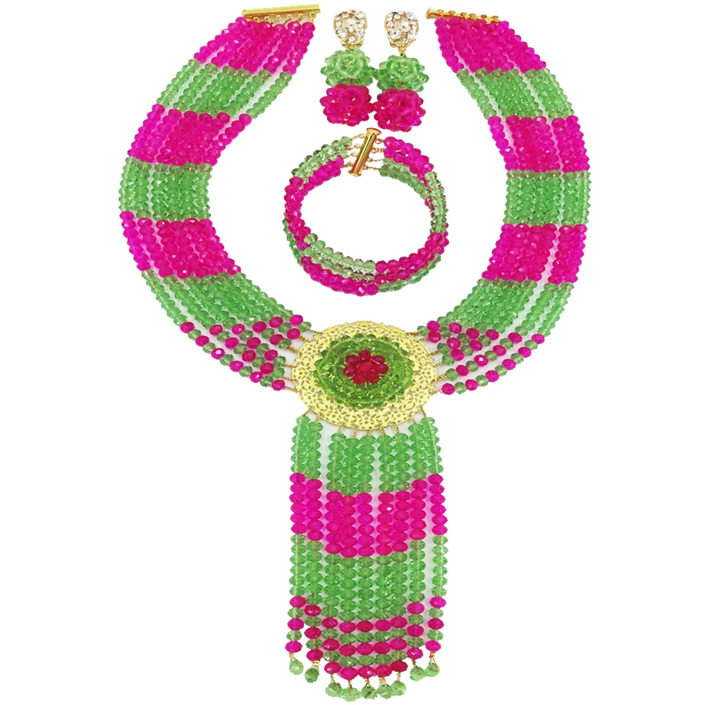 

Fuchsia Pink Light Green Multistrands Costume Necklace Nigerian Wedding African Beads Jewelry Set Crystal Beads Sets 6CXLS07