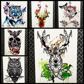

Green Water Color Temporary Tattoo Diamond Deer Horn Waterproof Fake Flash Tattoo Stickers 21*15CM Moose Antler Totem Tatoos