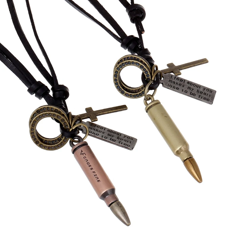 

Boho Gypsy Hippie Punk Cow Black Leather Alloy Metal Bullet Cross Rim Letter Tag Charms Wrap Adjust Unisex Pendant Necklace